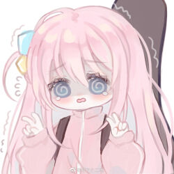 Rule 34 | 1girl, @ @, blue eyes, blush, bocchi the rock!, chinese commentary, commentary request, cube hair ornament, eyelashes, flying sweatdrops, gotoh hitori, guitar case, hair between eyes, hair ornament, highres, instrument case, jacket, liule ge ermao, long hair, long sleeves, looking at viewer, nervous, one side up, open mouth, pink hair, pink jacket, puffy long sleeves, puffy sleeves, shaded face, simple background, sleeves past wrists, solo, straight hair, tearing up, track jacket, trembling, turtleneck, turtleneck jacket, upper body, very long hair, wavy mouth, weibo watermark, white background, zipper