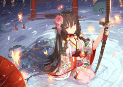 Rule 34 | 1girl, alcohol, breasts, brown hair, cleavage, cup, flower, hair flower, hair ornament, hair ribbon, highres, holding, holding cup, holding sword, holding weapon, japanese clothes, jewelry, katana, kimono, large breasts, long hair, looking at viewer, luoxuan jingjie xian, mole, mole under eye, musyne xsk, obi, oil-paper umbrella, oiran, original, outdoors, partially submerged, petals, purple eyes, ribbon, ripples, sakazuki, sake, sash, seiza, sheath, sheathed, sidelocks, sitting, solo, sword, thighhighs, tress ribbon, umbrella, very long hair, weapon, wide sleeves