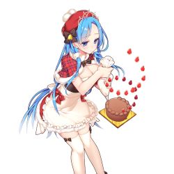 Rule 34 | 1girl, blue eyes, blue hair, bow legwear, breasts, cake, cleavage, dress, floating, floating object, food, fruit, giuniu, hat, holding, long hair, matching hair/eyes, official art, original, pastry bag, plaid, santa costume, solo, strawberry, thighhighs, transparent background, uchi no hime-sama ga ichiban kawaii, vivienne (uchi no hime-sama ga ichiban kawaii), white thighhighs