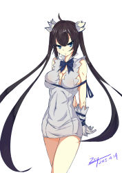 Rule 34 | 10s, 1girl, absurdres, arms behind back, bdsm, black hair, blue eyes, bondage, bound, bound wrists, breasts, cleavage, cleavage cutout, clothing cutout, dress, dungeon ni deai wo motomeru no wa machigatteiru darou ka, gloves, hestia (danmachi), highres, large breasts, long hair, looking at viewer, md5 mismatch, rei no himo, ribbon, ribbon bondage, solo, twintails, white dress, white gloves, zsy (zsy433)
