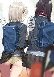 Rule 34 | 2girls, ass, black hair, black jacket, black skirt, blonde hair, blue bag, blurry, blurry foreground, blush, cameltoe, choker, closed mouth, clothes lift, earrings, english text, from behind, grey background, grey shirt, highres, jacket, jewelry, long sleeves, looking at another, medium hair, motto notto, multiple girls, orange panties, original, panties, phone, pleated skirt, red hair, shirt, simple background, skirt, skirt lift, speech bubble, striped clothes, striped panties, taking picture, underwear, wardrobe malfunction