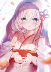 Rule 34 | 1girl, bare shoulders, blue eyes, blurry, blurry foreground, blush, branch, commentary request, depth of field, detached sleeves, fingernails, flower, hair between eyes, hands up, highres, hiyuki-chan, japanese clothes, kimono, long hair, long sleeves, mofuaki, obi, orange flower, parted lips, sash, silver hair, simple background, sleeveless, sleeveless kimono, snowflakes, solo, sound voltex, upper body, veil, white background, white kimono, white sleeves, wide sleeves
