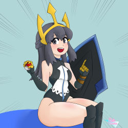 Rule 34 | 1girl, absurdres, bare legs, black leotard, blue eyes, blue hair, blush, boots, breasts, cosplay, creatures (company), crown, curvy, dawn (pokemon), empoleon, empoleon (cosplay), female focus, game freak, gen 4 pokemon, gloves, hair ornament, highres, holding, holding poke ball, leotard, long hair, looking at viewer, nintendo, open mouth, poke ball, pokemon, pokemon dppt, protoscene, shield, shiny skin, simple background, smile, solo, wide hips