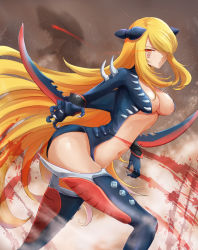 Rule 34 | 1girl, blonde hair, blood, bodysuit, breasts, claw pose, cosplay, creatures (company), cynthia (pokemon), game freak, garchomp, garchomp (cosplay), gen 4 pokemon, hair over one eye, highres, impossible clothes, jojobirdz, large breasts, long hair, navel, nintendo, pokemon, pokemon dppt, red eyes, solo, thighhighs, very long hair