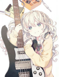 Rule 34 | 1girl, audio jack, bass guitar, blonde hair, cable, colored eyelashes, curly hair, from above, green eyes, holding, instrument, long hair, looking at viewer, lying, on back, original, redrawn, revision, rickenbacker, rickenbacker 4001, school uniform, serafuku, shouichi, simple background, smile, solo, sweater, white background, white hair