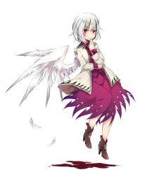 Rule 34 | 1girl, feathers, hand to own mouth, jacket, kishin sagume, long sleeves, looking at viewer, open clothes, open jacket, red eyes, shirt, silver hair, simple background, single wing, skirt, solo, touhou, toutenkou, wings