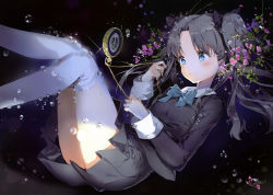 Rule 34 | 1girl, absurdres, anmi, aqua eyes, black hair, blush, bubble, clock, convenient skirt, fate/stay night, fate/zero, fate (series), flower, hair ribbon, highres, long hair, ribbon, scan, school uniform, skirt, smile, solo, submerged, thighhighs, tohsaka rin, twintails, underwater, water, white thighhighs