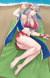 Rule 34 | 1girl, absurdres, arm up, armpits, ass, bare legs, bare shoulders, barefoot, beach, bikini, breasts, cleavage, commentary request, fire emblem, fire emblem: radiant dawn, fire emblem heroes, flower, grey hair, hair flower, hair ornament, hazuki (nyorosuke), highres, large breasts, micaiah (fire emblem), navel, nintendo, ocean, official alternate costume, outdoors, red bikini, solo, stomach, swimsuit, thighs, water, white flower, yellow eyes