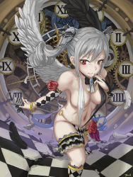 Rule 34 | 10s, 1girl, breasts, checkered floor, clock, drill hair, idolmaster, idolmaster cinderella girls, jonathan h, kanzaki ranko, long hair, red eyes, silver hair, slingshot swimsuit, solo, swimsuit, twin drills, twintails, wings
