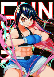 Rule 34 | 1girl, abs, bandage on face, bandages, black background, black hair, black tank top, blue gloves, blue shorts, boxing gloves, brown eyes, clenched hands, collarbone, colored inner hair, english text, eyelashes, gloves, highres, izumo fuuko, long hair, midriff, multicolored hair, muscular, muscular female, napoli-tan (deuil), shorts, smile, solo, tank top, undead unluck