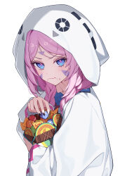 1girl :t black_nails blue_eyes candy chewing citlali_(genshin_impact) commentary_request crumbs eating facial_mark fingernails food food_on_face forehead_mark genshin_impact ghost_costume highres holding holding_candy holding_food hood hood_up light_blush looking_at_viewer nail_polish pink_hair pink_pupils simple_background solo triangle triangle_facial_mark upper_body v-shaped_eyebrows white_background yuu_maraa