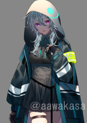Rule 34 | 1girl, armband, black gloves, black jacket, black shirt, black skirt, blue hair, breasts, commentary request, cowboy shot, dress shirt, gloves, green ribbon, grey background, hair between eyes, hood, hood down, hooded jacket, jacket, long hair, long sleeves, neck ribbon, open clothes, open jacket, original, pleated skirt, puffy long sleeves, puffy sleeves, purple eyes, ribbon, ryuuki (hydrangea), shirt, skindentation, skirt, sleeves past wrists, small breasts, solo, thigh strap, translation request, twitter username
