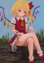Rule 34 | 1girl, absurdres, ascot, blonde hair, blue sky, closed mouth, crossed legs, crystal, flandre scarlet, full body, grass, highres, medium hair, one side up, red eyes, red footwear, red skirt, red vest, reddizen, shirt, short sleeves, sitting, skirt, sky, socks, solo, touhou, vest, white shirt, white socks, wings, wrist cuffs, yellow ascot