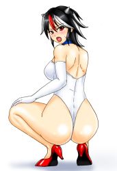 Rule 34 | 1girl, ass, bare shoulders, black hair, blush, breasts, elbow gloves, fang, from behind, gloves, high heels, horns, kijin seija, kudou (ooabareteng), large breasts, leotard, looking at viewer, looking back, multicolored hair, open mouth, red eyes, red hair, shiny skin, short hair, sideboob, simple background, solo, squatting, sweatdrop, thong, thong leotard, touhou, white background, white hair