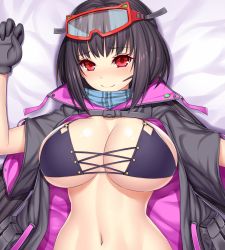 Rule 34 | 1girl, asamura hiori, bikini, black bikini, black gloves, black hair, black jacket, blue scarf, blush, breasts, breasts out, cleavage, closed mouth, fate/grand order, fate (series), gloves, goggles, goggles on head, highres, jacket, large breasts, long hair, looking at viewer, low twintails, lying, md5 mismatch, navel, o-ring, on back, open clothes, open jacket, osakabehime (fate), osakabehime (swimsuit archer) (fate), osakabehime (swimsuit archer) (first ascension) (fate), red eyes, scarf, ski goggles, smile, solo, swimsuit, twintails, very long hair