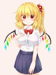 Rule 34 | 1girl, blonde hair, blue skirt, blush, bow, bra, bra visible through clothes, bralines, breasts, closed mouth, collar, crystal, eyes visible through hair, flandre scarlet, hair between eyes, hand on own chest, highres, large breasts, looking at viewer, marukyuu ameya, medium breasts, medium hair, multicolored wings, no headwear, pink background, pink bra, ponytail, red bow, red eyes, red neckwear, school uniform, see-through, shirt, short sleeves, simple background, skirt, smile, solo, standing, touhou, underwear, white collar, white shirt, white sleeves, wings