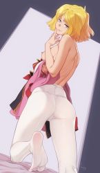 Rule 34 | 1girl, ass, blonde hair, blue eyes, breasts, closed mouth, feet, feguimel, from behind, gundam, highres, holding, holding clothes, holding jacket, jacket, large breasts, looking at viewer, looking back, mobile suit gundam, nipples, no shoes, panties, panties under pantyhose, pantyhose, pantylines, pink jacket, sayla mass, short hair, smile, soles, solo, thong, topless, underwear, white pantyhose