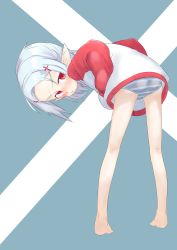 Rule 34 | 1girl, ass, bare legs, barefoot, blue hair, blush, child, feet, female focus, from behind, highres, jacket, leaning forward, legs, looking back, neru tanuki, no pants, original, panties, pointy ears, red eyes, slit pupils, solo, striped clothes, striped panties, underwear