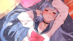 Rule 34 | 1girl, bell, black choker, blue hair, blunt bangs, blush, bow, breasts, choker, collarbone, copyright request, cotton kanzaki, frilled pillow, frills, hair ornament, heart, heart hair ornament, highres, jingle bell, large breasts, long hair, long sleeves, looking at viewer, lying, neck bell, on back, on bed, open mouth, parted lips, pillow, red bow, red eyes, sailor collar, school uniform, serafuku, shade, shikai yue, sleeves past wrists, solo, upper body, virtual youtuber