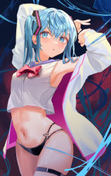 Rule 34 | 1girl, :o, armpits, arms up, bare shoulders, bikini, bikini bottom only, black bikini, blue eyes, blue hair, blush, bow, bowtie, cowboy shot, hatsune miku, highres, jacket, long hair, looking at viewer, multi-strapped bikini, navel, off shoulder, open clothes, open jacket, parted lips, red bow, red bowtie, rerendi, shirt, skindentation, solo, stomach, swimsuit, thigh strap, twintails, very long hair, vocaloid, white jacket, white shirt