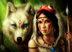 Rule 34 | 1990s (style), 1girl, artist name, blood, blue eyes, brown eyes, brown hair, drawing on another&#039;s face, earrings, facepaint, facial mark, facing viewer, forest, fur, gradient background, headband, holding, holding polearm, holding spear, holding weapon, hood, jewelry, looking at viewer, mask, mononoke hime, moro, moro no kimi, nature, necklace, polearm, realistic, retro artstyle, san (mononoke hime), signature, sleeveless, spear, studio ghibli, weapon, white wolf, wolf