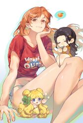 Rule 34 | 3girls, bikini, black hair, blonde hair, breasts, closed mouth, crop top, cup, earrings, food, fruit, highres, holding, holding cup, jewelry, jyukawa, long hair, looking at viewer, mansherry, medium breasts, midriff, multiple girls, nami (one piece), navel, nico robin, one piece, orange (fruit), orange eyes, orange hair, red shirt, shirt, smile, stomach, swimsuit, t-shirt
