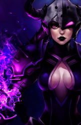 Rule 34 | 1girl, alternate costume, alternate eye color, alternate hair color, arm strap, armor, bad id, bad pixiv id, black lips, blue background, bodysuit, breasts, breasts apart, center opening, cleavage, cleavage cutout, clothing cutout, damaged, darkflame shyvana, fake horns, faulds, fire, glowing, glowing eye, helmet, horned helmet, horns, ippus, large breasts, league of legends, lips, lipstick, makeup, parted lips, pauldrons, pink eyes, purple fire, purple hair, shoulder armor, shyvana, simple background, solo, spikes, turtleneck, upper body