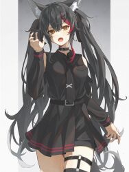Rule 34 | 1girl, alternate costume, alternate hairstyle, animal ear fluff, animal ears, belt, black belt, black choker, black hair, black necktie, black shirt, black skirt, black thighhighs, breasts, choker, claw pose, collared shirt, commentary, cowboy shot, detached sleeves, eyelashes, fangs, gradient background, grey background, hair between eyes, hair ornament, hairclip, heart, heart background, highres, hololive, long hair, looking at viewer, medium breasts, miniskirt, multicolored hair, necktie, norio (noriosub), o-ring, ookami mio, open mouth, orange eyes, pleated skirt, red hair, school uniform, shirt, shirt tucked in, skindentation, skirt, sleeveless, sleeveless shirt, solo, standing, streaked hair, tail, thigh strap, thighhighs, thighs, tie clip, torn clothes, torn thighhighs, twintails, two-tone hair, virtual youtuber, wing collar, wolf ears, wolf girl, wolf tail, x hair ornament, yellow eyes