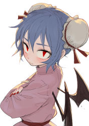 Rule 34 | 1girl, alternate costume, bat wings, blue hair, blush, bun cover, chinese clothes, closed mouth, crossed arms, double bun, fkey, long sleeves, looking at viewer, nail polish, red eyes, red nails, remilia scarlet, short hair, simple background, solo, touhou, upper body, white background, wings