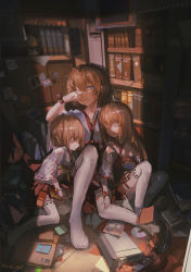 Rule 34 | 10s, 3girls, alternate costume, bad id, bad pixiv id, blanc (neptunia), blue eyes, blurry, book, bracelet, brown hair, cd, commentary, controller, dark, game console, game controller, hakama, hakama short skirt, hakama skirt, indoors, japanese clothes, jewelry, looking at viewer, messy room, multiple girls, neptune (series), nintendo, nontraditional miko, novelance, obi, ram (neptunia), rom (neptunia), sash, short hair, siblings, signature, sisters, skirt, sleeping, sleeping on person, sleeping upright, thighhighs, twins, waking up, white legwear, wii, wii remote