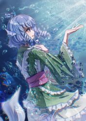 Rule 34 | 1girl, absurdres, aliceelysion111, blue eyes, blue hair, bow, bubble, commentary, coral, dappled sunlight, eyelashes, fins, floral print, frilled kimono, frilled sleeves, frills, from side, green kimono, hand on own chest, head fins, highres, japanese clothes, kimono, long sleeves, looking up, lyrics, mermaid, monster girl, open mouth, outstretched hand, purple sash, reaching, red bow, ringlets, sash, sash bow, school of fish, short hair, sidelocks, song name, sunlight, touhou, translated, underwater, underwear, wakasagihime, water, wide sleeves