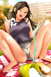Rule 34 | 1girl, absurdres, accident, armpits, ass, bad id, bad pixiv id, bare shoulders, barefoot, black hair, blanket, blue sky, breasts, bucket, bucket of water, bucket spill, cameltoe, cat, collarbone, crotch, day, eyelashes, feet, female focus, fence, grass, grey shorts, hanamasa ono, highres, holding, holding hose, hose, idolmaster, idolmaster cinderella girls, idolmaster cinderella girls starlight stage, jumping, large breasts, legs, long hair, mukai takumi, neck, one eye closed, open mouth, outdoors, pants, parted bangs, purple shirt, purple tank top, sexually suggestive, shirt, short shorts, shorts, sitting, sky, sleeveless, sleeveless shirt, soap bubbles, spill, spilling, sponge, spread legs, tank top, thighs, tight clothes, tight pants, toenails, toes, tree, water, wet, yellow eyes