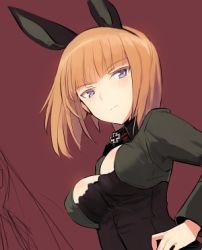 Rule 34 | 10s, 1girl, animal ears, blush, brave witches, breasts, cleavage, cross, fake animal ears, gundula rall, hairband, hand on own hip, iron cross, jacket, long sleeves, lowres, orange hair, purple eyes, rabbit ears, shimada fumikane, short hair, solo, strike witches, world witches series