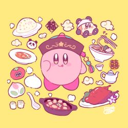 Rule 34 | animal costume, chopsticks, cup, flower, food, food focus, hat, kirby, kirby (series), kisaragi yuu (fallen sky), looking at viewer, maxim tomato, meat, nintendo, no humans, noodles, panda, panda costume, pink flower, pot, ramen, signature, simple background, solo, star (symbol), stew, teacup, teapot, tomato, tongue, tongue out, waddle dee, yellow background