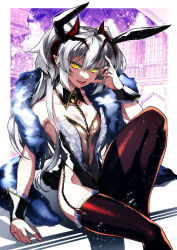 Rule 34 | 1girl, animal ears, arm support, barbatos (dungeon defense), bare shoulders, breasts, bunny day, character request, commentary request, copyright request, detached collar, dungeon defense, fake animal ears, grey hair, hair between eyes, highres, horns, ishida akira, leotard, long hair, looking at viewer, medium breasts, playboy bunny, pointy ears, rabbit ears, rabbit tail, sitting, solo, strapless, strapless leotard, tail, thighhighs, tongue, tongue out, yellow eyes