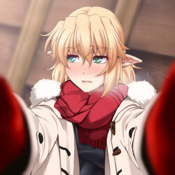 Rule 34 | 1girl, blonde hair, blush, breath, clothes only, coat, duffel coat, fur-trimmed coat, fur trim, gloves, green eyes, headless, long sleeves, looking to the side, medium hair, mizuhashi parsee, ootsuki wataru, open clothes, open coat, pointy ears, pov cheek warming (meme), reaching, reaching towards viewer, red gloves, red scarf, scarf, short hair, simple background, solo, touhou, white coat, winter gloves
