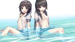 Rule 34 | 1girl, 2girls, black hair, breasts, hair ribbon, hairband, highres, isokaze (kancolle), kantai collection, long hair, looking at viewer, medium breasts, multiple girls, navel, no bra, open clothes, open mouth, partially submerged, pleated skirt, red eyes, ribbon, school uniform, serafuku, short hair, short sleeves, skirt, small breasts, tanikaze (kancolle), tenrai, tress ribbon, wet, wet clothes, white hairband
