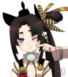 Rule 34 | 1girl, ;t, bad id, bad pixiv id, black hair, blue eyes, cheek poking, fate/grand order, fate (series), hat, looking at viewer, poking, shimomoto, simple background, solo focus, ushiwakamaru (fate), white background