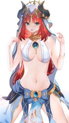 Rule 34 | 1girl, absurdres, bad id, bad pixiv id, bare shoulders, blush, breasts, brooch, forehead jewel, genshin impact, green eyes, hands up, harem outfit, highres, horns, jewelry, kneeling, long hair, looking at viewer, medium breasts, neck ring, niduannowu, nilou (genshin impact), parted bangs, parted lips, pelvic curtain, red hair, revealing clothes, simple background, skirt, smile, solo, thighs, twintails, veil, vision (genshin impact), white background