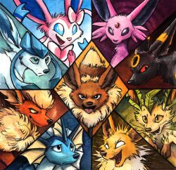 Rule 34 | animal focus, black eyes, blue eyes, blue sclera, brown eyes, colored sclera, confused, creatures (company), eevee, espeon, evolutionary line, fang, flareon, game freak, gen 1 pokemon, gen 2 pokemon, gen 4 pokemon, gen 6 pokemon, glaceon, highres, jolteon, kenket, leafeon, looking at viewer, nintendo, no humans, open mouth, orange eyes, pokemon, pokemon (creature), purple eyes, red sclera, smile, sylveon, umbreon, vaporeon, whiskers