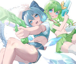 Rule 34 | 2girls, :d, :o, absurdres, arm up, blue bow, blue eyes, blue shirt, blue shorts, blurry, bow, cirno, commentary request, cropped shirt, crystal wings, daiyousei, depth of field, from below, green hair, green shirt, green skirt, hair bow, hair ornament, hairclip, highres, holding, holding water gun, knees up, looking at viewer, midriff, miniskirt, multiple girls, navel, open mouth, pleated skirt, rerendi, shirt, short hair, short shorts, short sleeves, shorts, side ponytail, simple background, skirt, smile, teeth, thighhighs, touhou, upper teeth only, water gun, white background, white thighhighs, yellow bow