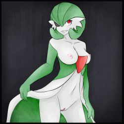 Rule 34 | 1girl, acperience, black background, breasts, clothes lift, collarbone, creatures (company), dress, dress lift, eyepatch, game freak, gardevoir, gen 3 pokemon, green hair, grin, large breasts, lifted by self, navel, nintendo, nipples, pokemon, pokemon (creature), presenting, pussy, red eyes, short hair, simple background, smile, solo, teeth, uncensored, white dress