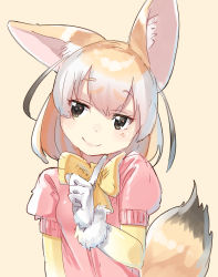 Rule 34 | 10s, 1girl, animal ears, blonde hair, blush, bow, brown hair, fennec (kemono friends), finger to own chin, fox ears, fox tail, gloves, gradient hair, half-closed eyes, highres, kemono friends, looking to the side, multicolored hair, pink lips, puffy short sleeves, puffy sleeves, sakoku (rh ty ks), short hair, short sleeves, smile, solo, tail, two-tone hair, upper body