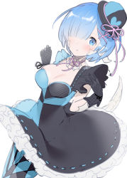 Rule 34 | 1girl, :o, warrior of light (ff14), black gloves, blue eyes, blue hair, blush, breasts, cleavage, dress, final fantasy, final fantasy xiv, frilled dress, frills, gloves, hair over one eye, hat, highres, kaede (sayappa), looking at viewer, medium breasts, multicolored clothes, multicolored legwear, pantyhose, parted lips, re:zero kara hajimeru isekai seikatsu, rem (re:zero), scales, short sleeves, simple background, solo, white background