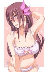 Rule 34 | 10s, 1girl, arm behind head, armpits, bare shoulders, blush, bra, breasts, brown hair, cat cutout, cat ear panties, cat lingerie, cleavage, cleavage cutout, clothing cutout, commentary request, hair ornament, hand on leg, heart, highres, kambayashi tomoko, kanbayashi chiko, kantai collection, kisaragi (kancolle), large breasts, leaning, leaning forward, long hair, looking at viewer, meme attire, navel, open mouth, panties, purple eyes, side-tie panties, solo, underwear, underwear only