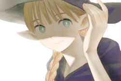 Rule 34 | 1girl, aged down, blonde hair, blunt bangs, braid, closed mouth, dungeon meshi, elf, frs2, green eyes, hair over shoulder, hand on headwear, hand up, hat, long hair, looking at viewer, marcille donato, pointy ears, portrait, shade, simple background, smile, solo, white background, witch, witch hat