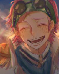 Rule 34 | 1boy, absurdres, blush, closed eyes, commentary, epaulettes, eyewear on head, headband, highres, koby (one piece), machida 0906, male focus, one piece, open mouth, pink hair, scar, scar on face, short hair, sidelocks, sky, smile, solo