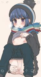 Rule 34 | 1girl, beanie, blue hair, blush, breasts, camera, camera view, clothes lift, clothes pull, female masturbation, fingering, flat chest, hat, highres, lifted by self, marrontorisu, masturbation, nipples, pants, pants pull, presenting, purple eyes, pussy, scarf, shima rin, shirt lift, small breasts, solo, sweat, yurucamp