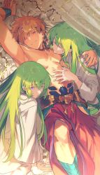 Rule 34 | 1boy, 2others, abs, bikkusama, blonde hair, blush, cuddling, earrings, enkidu (fate), fate/grand order, fate/strange fake, fate (series), fingernails, gilgamesh (fate), green hair, hand on another&#039;s chest, hand on chest, highres, hug, jewelry, kingu (fate), long hair, lying, multiple others, pale skin, pectorals, piercing, purple eyes, red eyes, short hair, smile, tagme, teeth, topless male