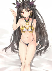 Rule 34 | 1girl, arm at side, arm support, bare arms, bare legs, bare shoulders, bed, bed sheet, big hair, bikini, black hair, black panties, black ribbon, blush, breasts, c:, cleavage, closed mouth, collar, collarbone, commentary, crown, detached collar, earrings, fate/grand order, fate (series), female focus, foreshortening, hair ribbon, hand up, head tilt, highres, hoop earrings, ishtar (fate), jewelry, legs, legs together, long hair, looking at viewer, medium breasts, midriff, navel, neck, on bed, panties, parted bangs, red eyes, revealing clothes, ribbon, silver (chenwen), simple background, sitting, smile, solo, stomach, strapless, strapless bikini, swimsuit, thighs, tohsaka rin, tsurime, two side up, type-moon, underwear, very long hair, waving, white background